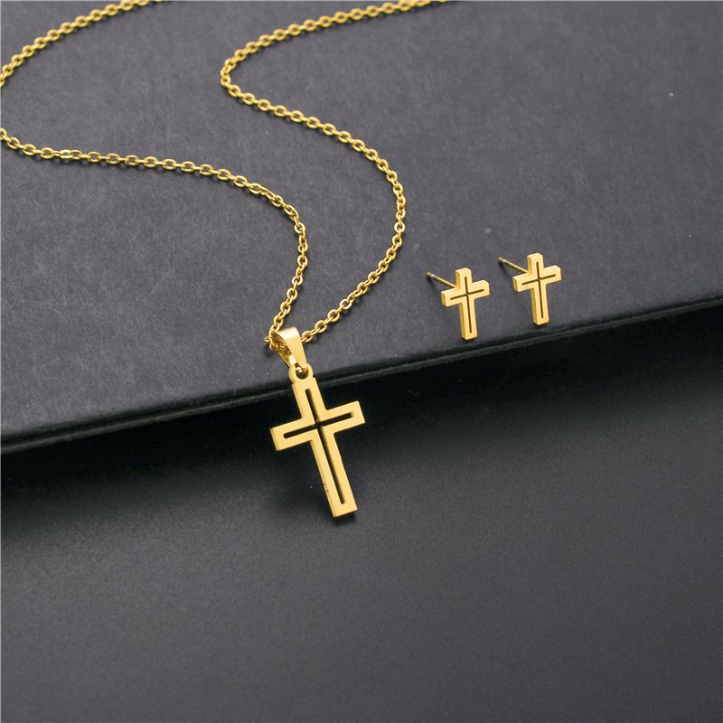 Hip Hop HIPHOP Cross Necklace Earrings Set Female Smooth Stainless Steel Popular Jewelry_ipsvogv.com