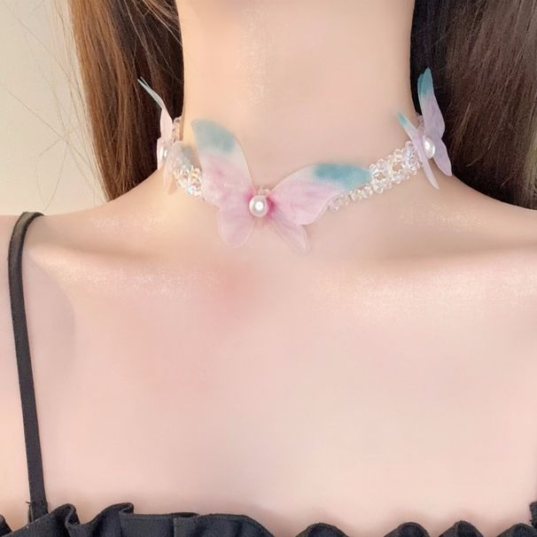 Korean Dreamy Girl Princess Style Thin Gauze Butterfly Colorful Small Crystal Chain Ribbon Choker Necklace_ipsvogv.com
