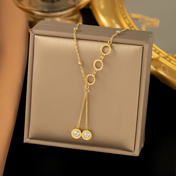 Korean Fashion Accessory Roman Ring Tassel Pendant Titanium Steel Lock Chain Hollow Circular Necklace For Women_ipsvogv.com