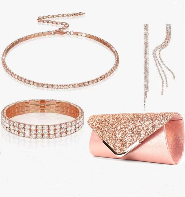 Fashion all match suit evening bag diamond studded elastic bracelet niche diamond necklace earrings four pieces_ipsvogv.com