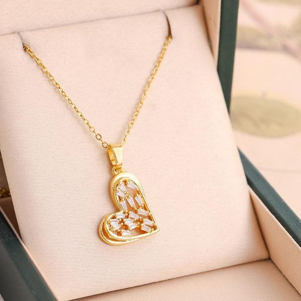 Sweet Zircon Heart Pendant Necklaces For Women Ladies Stainless Steel Neck Chain Jewelry Female Accessories_ipsvogv.com