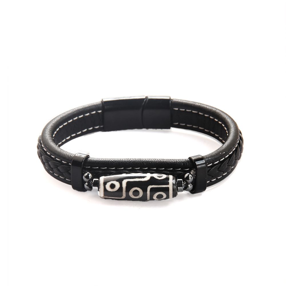 Handmade Ethnic Style Fashion Men's Handwoven Dzi Bead Tibetan Blue Leather Bracelet_ipsvogv.com