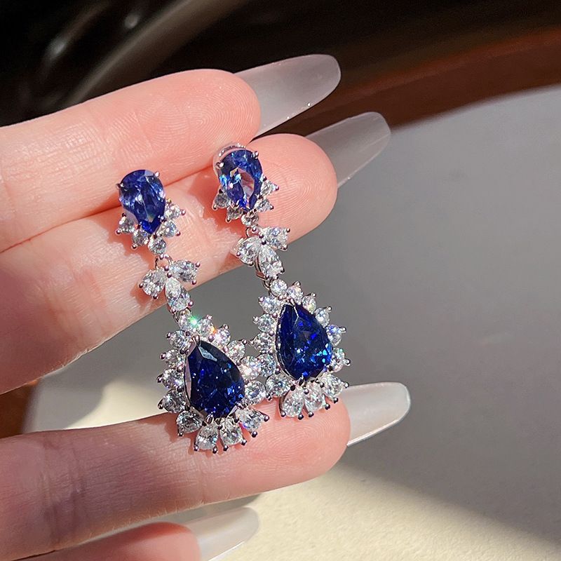Cao Shi's Water Drop Shaped New Product Full Diamond Simulation Blue Bridal Luxury Earr, Female Socialite Style_ipsvogv.com