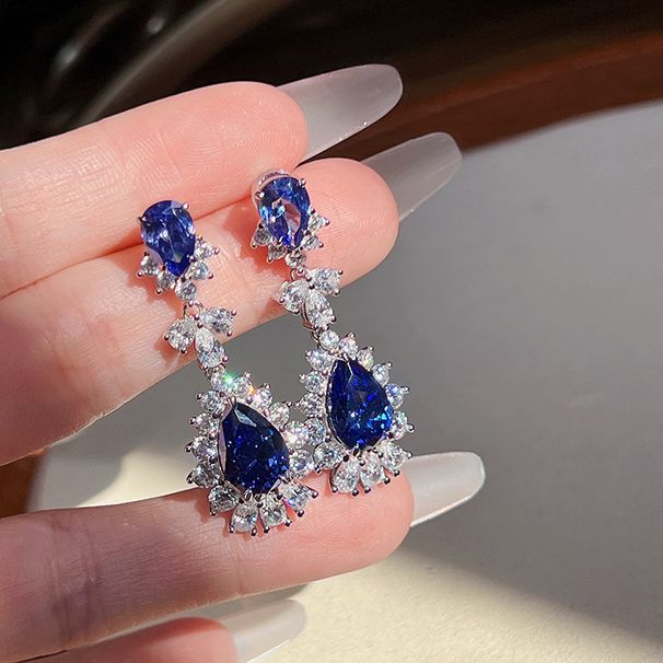 Cao Shi's Water Drop Shaped New Product Full Diamond Simulation Blue Bridal Luxury Earr, Female Socialite Style_ipsvogv.com