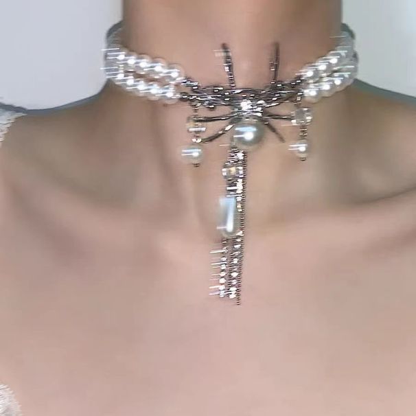 Sweet Ad Cool Double Layer Pearl Log Tassel Spider Necklace Light Luxury Beaded Metal Neck New Clavicle Chai For_ipsvogv.com