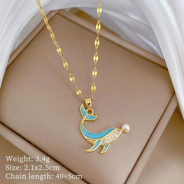 Cute Shiny Zircon Whale Dolphin Pendant Necklace for Women Fashion Korean Stainless Steel Clavicle Chain Jewelry_ipsvogv.com