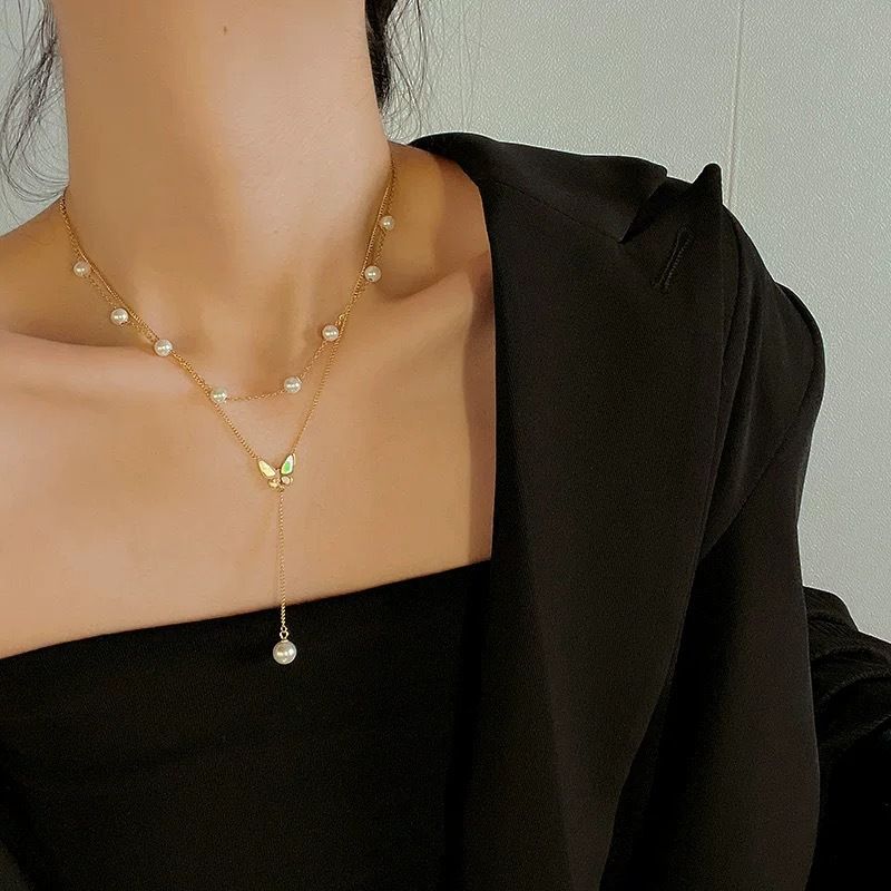 Korean Version Butterfly Necklace Women's Titanium Steel Double-layer Pearl Long Tassel Pendant Electroplated Color_ipsvogv.com