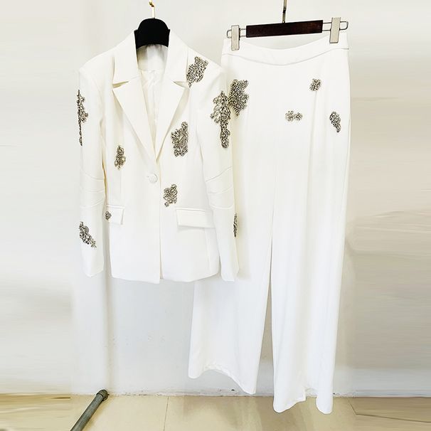 Women's clothing fashion new heavy beaded diamond one-button suit jacket wide-leg pants suit two pieces_ipsvogv.com