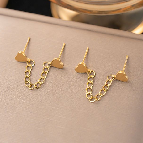 Fashionable Stainless Heart-shaped Double Ear Hole Chain Design Earrings, Personalized Creative, Versatile Titanium_ipsvogv.com