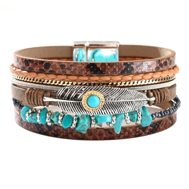 Women's Jewelry Retro Feather Bracelet Trendy Personality Blue Turquoise Bracelet Gravel Multi Layer Leather Bracelet_ipsvogv.com