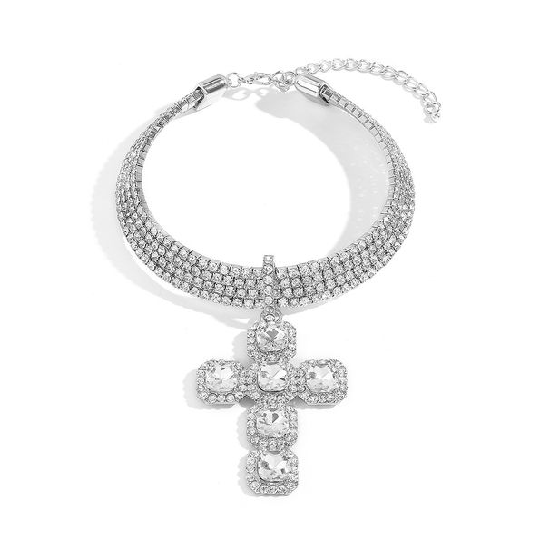 N11564 Fashionable and Exaggerated Diamond Cross with High Grade Hip Hop Personality Choker Necklace for Women_ipsvogv.com