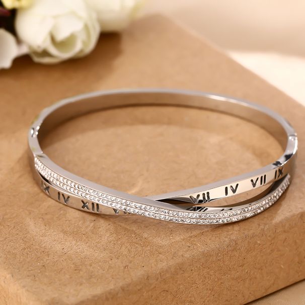Roman Numeral Diamond Studded Titanium Steel Bracelet For Women, High-end And Non Fading Hand Jewelry_ipsvogv.com