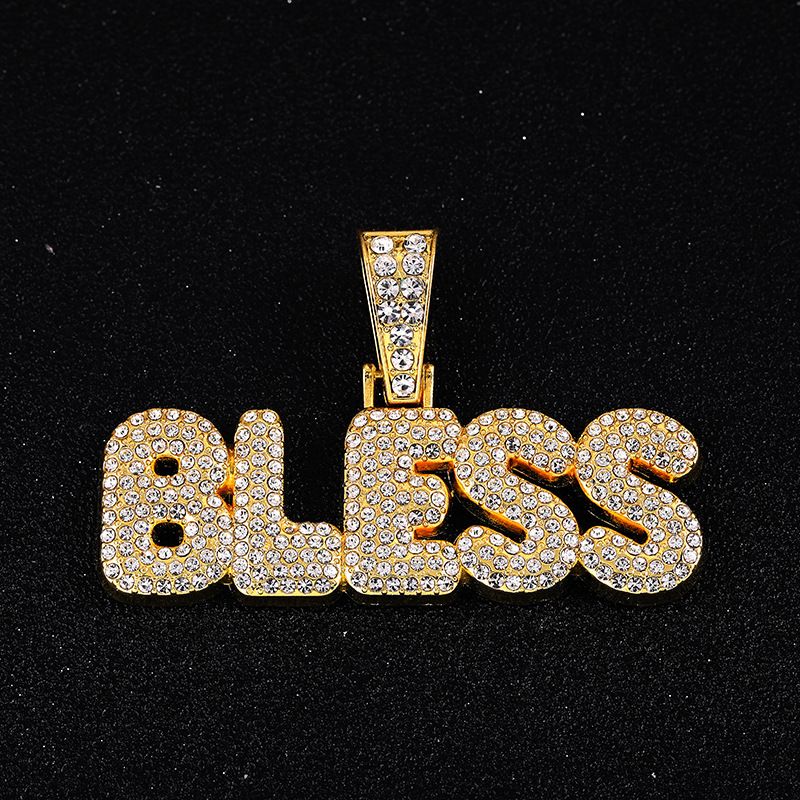 Hip Hop Shiny Cuban Chain Exaggerated Letter Graphic Full Diamond Pendant Necklace_ipsvogv.com