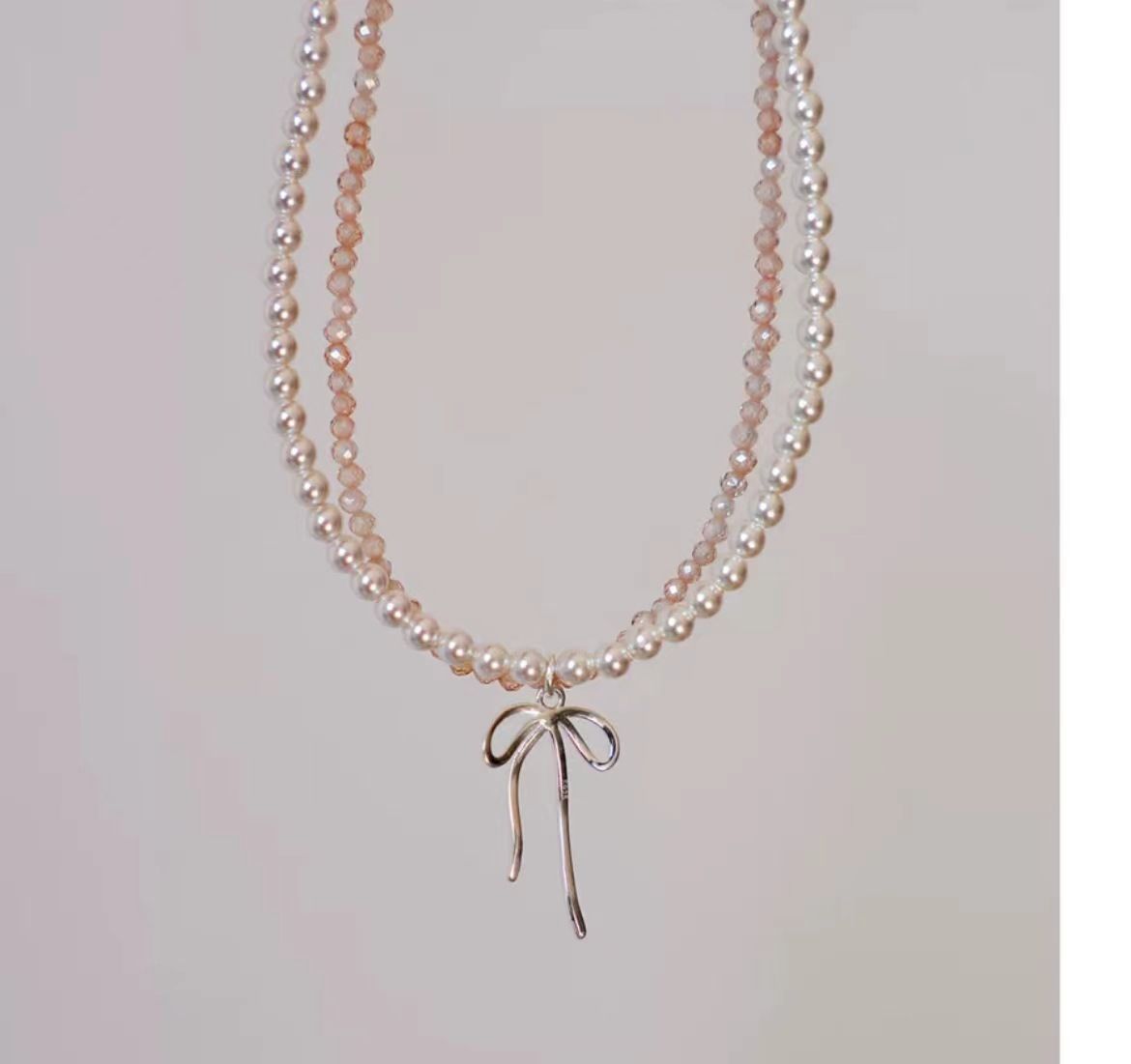 Yinsen S Silver Cute Bowknot Ribbon Double Layer Zircon Pearl Necklace Layered Clavicle Chain Choker For Women Versatile_ipsvogv.com