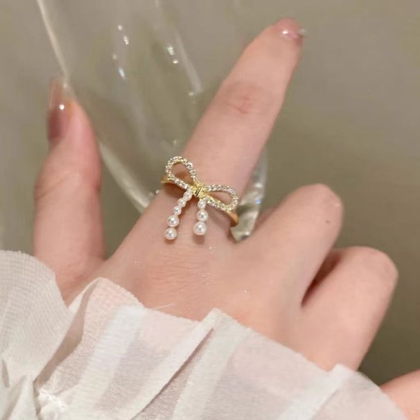 Cold Wind Butterfly Knot Pearl For Women 2024 New Style Ring, Light Luxury, Niche Design, Open Finger Ring_ipsvogv.com