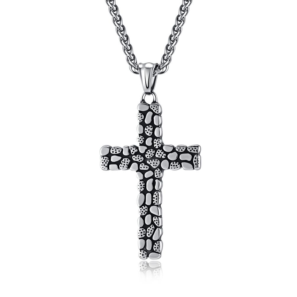 Retro pebble titanium steel cross necklace men's niche personality wear gravel road pendant_ipsvogv.com