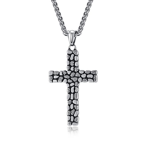 Retro pebble titanium steel cross necklace men's niche personality wear gravel road pendant_ipsvogv.com