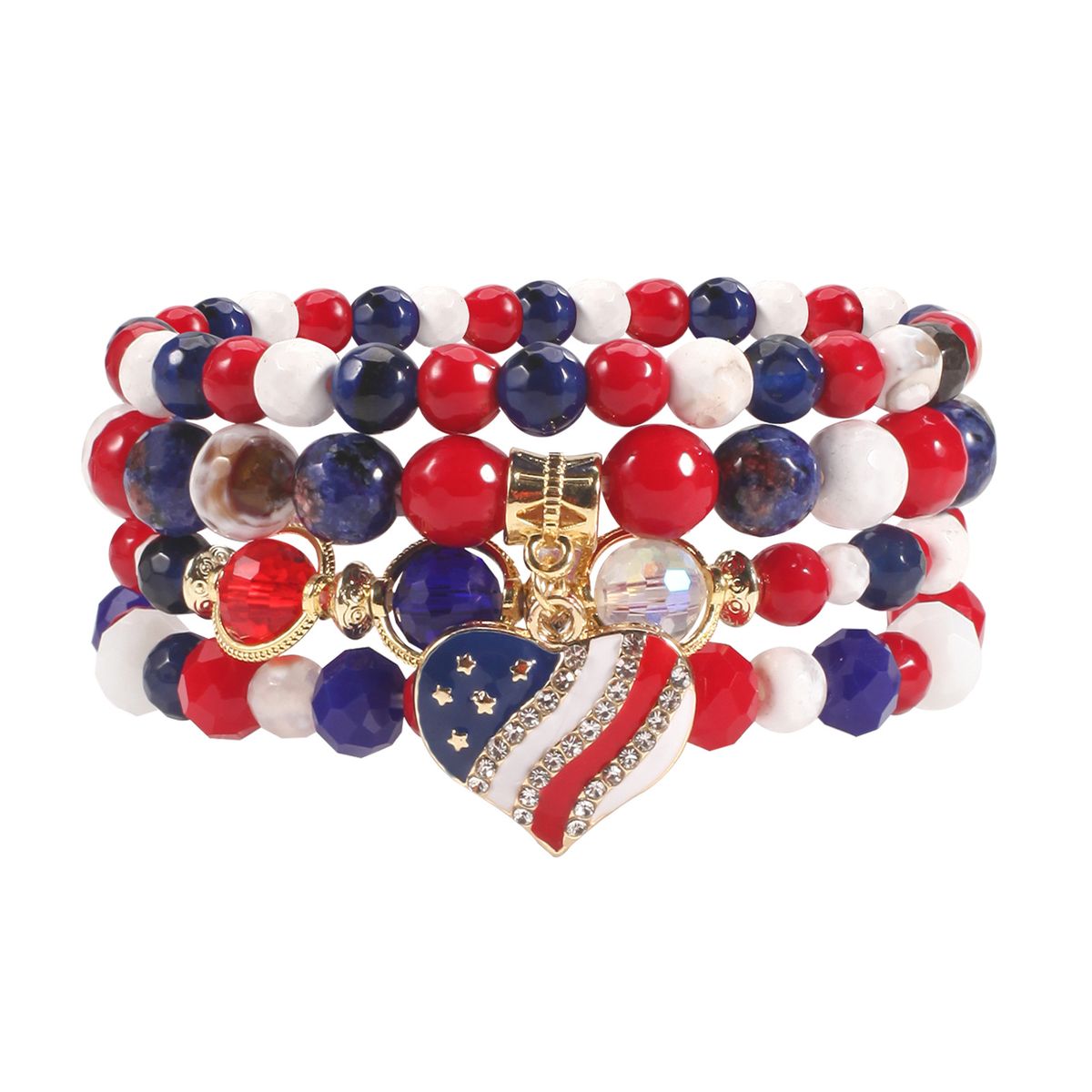 Patriotic Heart Flag Beaded Bracelet Set - Natural Stone Beads, Handcrafted Unisex Jewelry For Men And Women, Perfect For Independence Day Gifts_ipsvogv.com