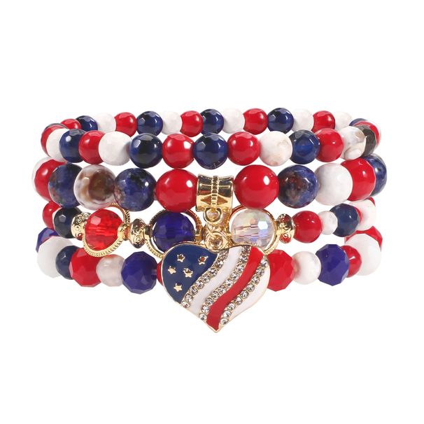 Patriotic Heart Flag Beaded Bracelet Set - Natural Stone Beads, Handcrafted Unisex Jewelry For Men And Women, Perfect For Independence Day Gifts_ipsvogv.com