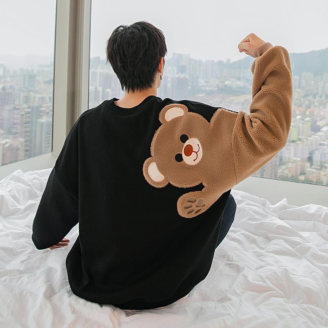 Men's Clothing Factory direct sales men's autumn and winter long sleeved lamb wool embroidery flocking cute little bear loose lazy style sweater men_ipsvogv.com