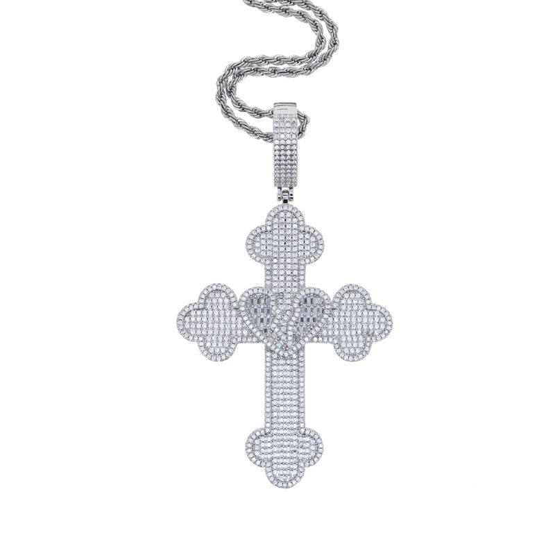 Men's Punk Style Cross Pendant Necklace With Diamond Accents, 60cm Chain (Silver/Gold) Punk Style Large Pendant Jewelry, Goods_ipsvogv.com