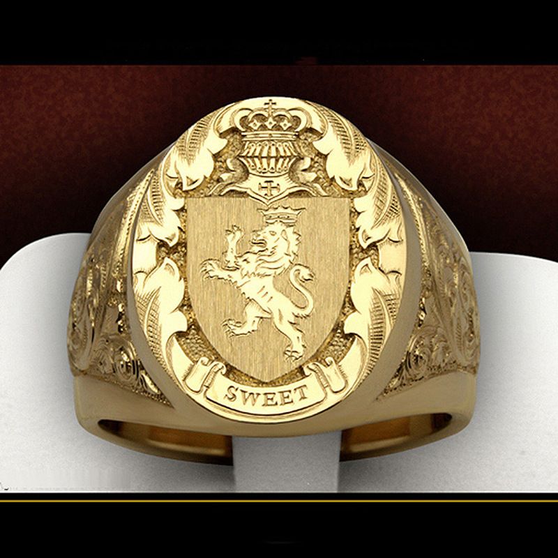 Cao Shi Crown Lion Shield Emblem Copper Plated Royal Seal Men's Ring_ipsvogv.com