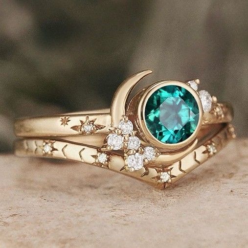 Sanjie ETSY's New Gold-plated Star Moon Women's Ring, Simple And Fashionable Green Diamond Ring Accessories Trend_ipsvogv.com