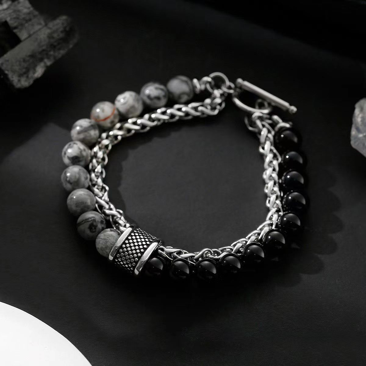 Trendy Yellow Tiger Double Layer OT Buckle Titanium Steel Bracelet Natural Matte Map Stone High-end Versatile Men's_ipsvogv.com