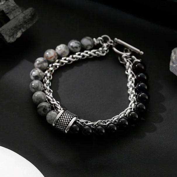 Trendy Yellow Tiger Double Layer OT Buckle Titanium Steel Bracelet Natural Matte Map Stone High-end Versatile Men's_ipsvogv.com