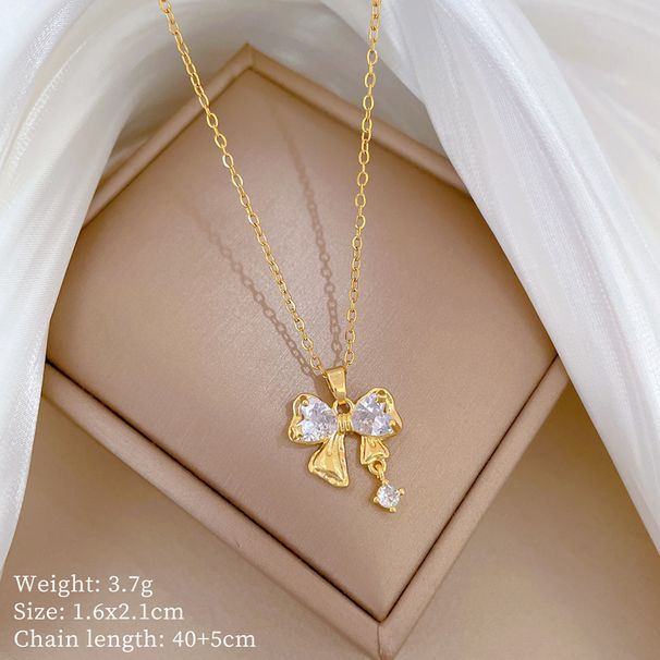 【 】 Butterfly Knot Zircon Light Luxury Charm Gorgeous Full Diamond Necklace Women's Versatile Clavicle Titanium Steel_ipsvogv.com