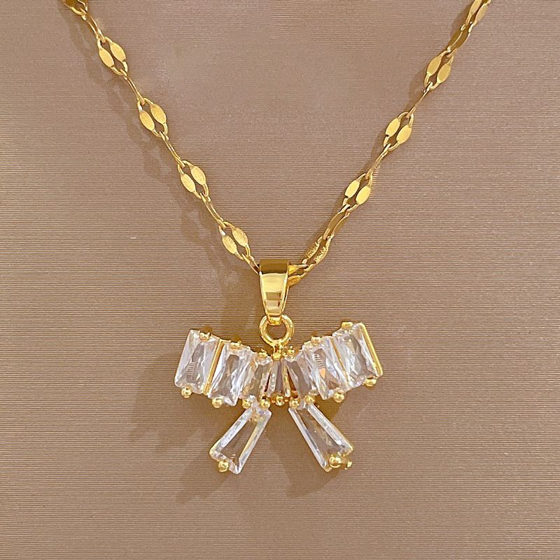 Titanium Steel Earring Set Light Luxury Full Diamond Bow Tie T Zirconia Personalized Style Banquet Earrings Necklace_ipsvogv.com